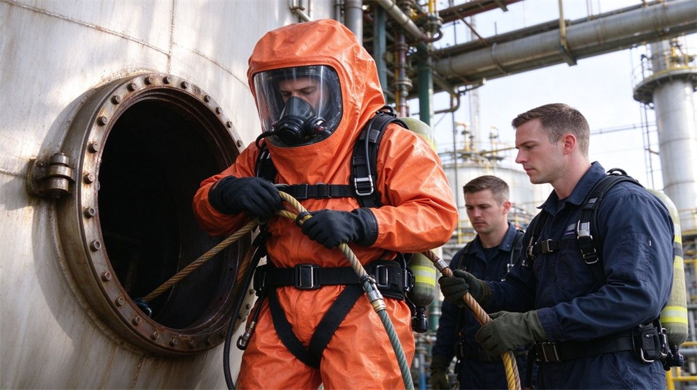 Macro detail of heavy duty protective class a gas tight hazmat suit, Confined space entry preparation with a Level A hazmat suit, fully encapsulated, demonstrating professional application use in industrial safety environment, designed for wholesale bulk supply and industrial safety Macro detail of heavy duty protective class a gas tight hazmat suit, Confined space entry preparation with a Level A hazmat suit, fully encapsulated, demonstrating professional application use in industrial safety environment, designed for wholesale bulk supply and industrial safety