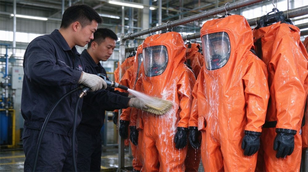 Front view of heavy duty protective class a gas tight hazmat suit, Decontamination corridor for gas tight Level A hazmat suits, staged removal after, demonstrating professional application use in industrial safety environment, designed for wholesale bulk supply and industrial safety