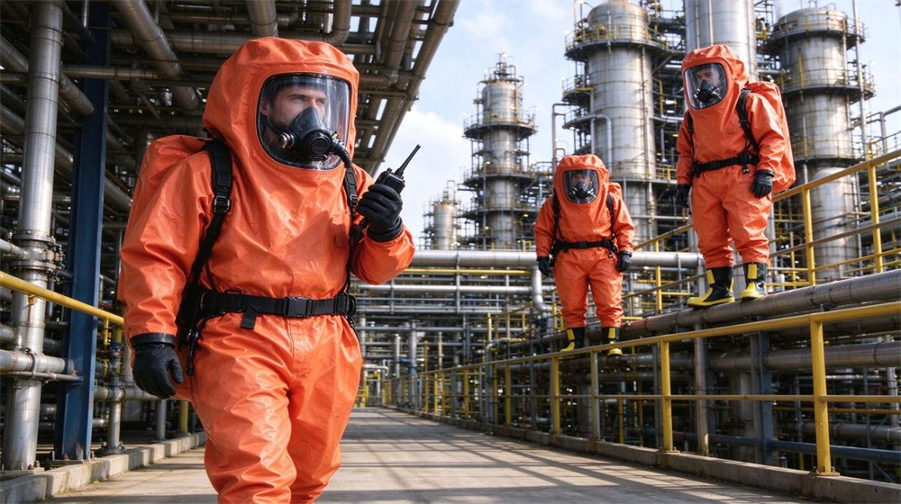Side angle of heavy duty protective class a gas tight hazmat suit, Chemical plant inspection in a gas tight Level A hazmat suit, toxic, demonstrating professional application use in industrial safety environment, designed for wholesale bulk supply and industrial safety