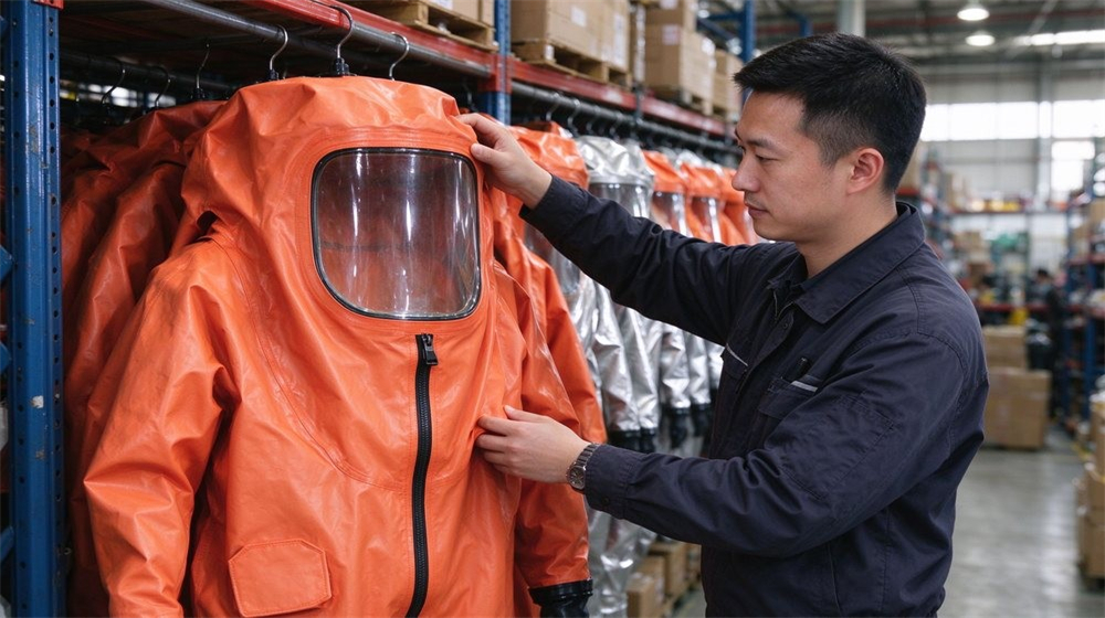 45 degree angle of heavy duty protective class a gas tight hazmat suit, Equipment manager inspecting a gas tight Level A hazmat suit in storage,, demonstrating professional application use in industrial safety environment, designed for wholesale bulk supply and industrial