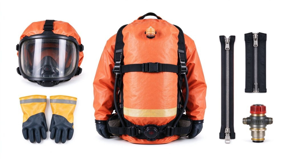 Overhead view of heavy duty protective class a gas tight hazmat suit, SCBA breathing apparatus and sealed visor for a Level A hazmat suit,, demonstrating professional product use in industrial safety environment, designed for wholesale bulk supply and industrial safety