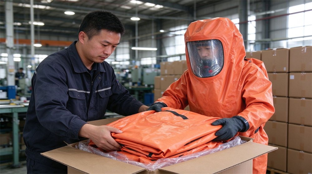 Wide shot of heavy duty protective class a gas tight hazmat suit, Asian factory workers packing gas tight Level A hazmat suits for export,, demonstrating professional application use in industrial safety environment, designed for wholesale bulk supply and industrial safety