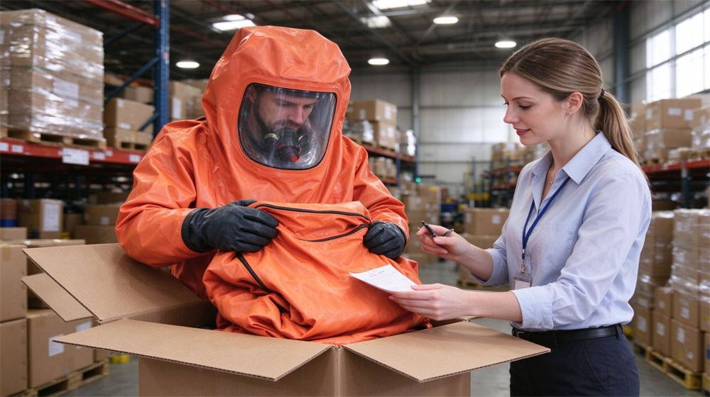 Aerial perspective of heavy duty protective class a gas tight hazmat suit, Buyer inspecting an unpacked gas tight Level A hazmat suit, sealed visor, demonstrating professional application use in industrial safety environment, designed for wholesale bulk supply and industrial safety