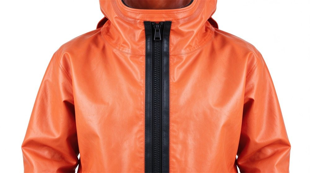 45 degree angle of heavy duty protective class a gas tight hazmat suit, Gas tight double zipper closeup on a Level A hazmat suit, sealed, demonstrating professional info use in industrial safety environment, designed for wholesale bulk supply and industrial