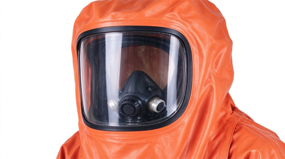 Overhead view of heavy duty protective class a gas tight hazmat suit, Wide sealed visor closeup on a gas tight Level A hazmat suit,, demonstrating professional info use in industrial safety environment, designed for wholesale bulk supply and industrial safety Overhead view of heavy duty protective class a gas tight hazmat suit, Wide sealed visor closeup on a gas tight Level A hazmat suit,, demonstrating professional info use in industrial safety environment, designed for wholesale bulk supply and industrial safety