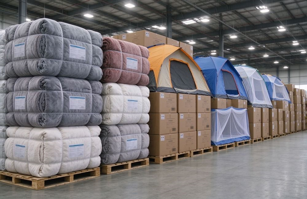 Bright relief warehouse stacked high with compressed blanket bales and cartons ready for shipment, showing bulk humanitarian relief blankets stock for UNHCR and NGO programs