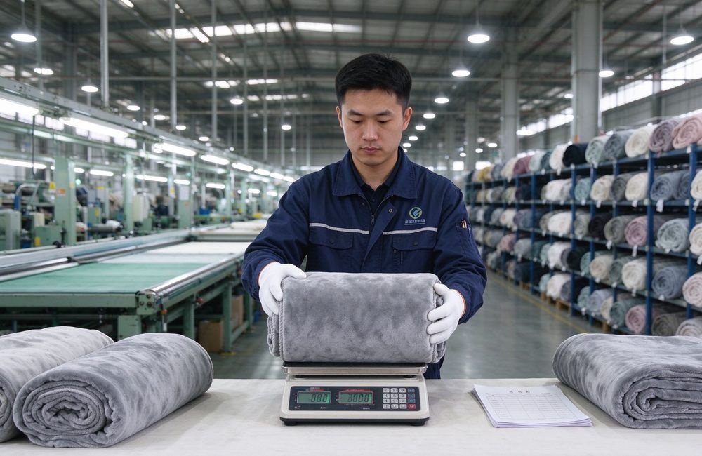 Asian quality inspector in a bright blanket factory weighing a folded flannel blanket on a digital scale to check GSM, showing UN approved relief blankets weight verification for relief blanket specifications