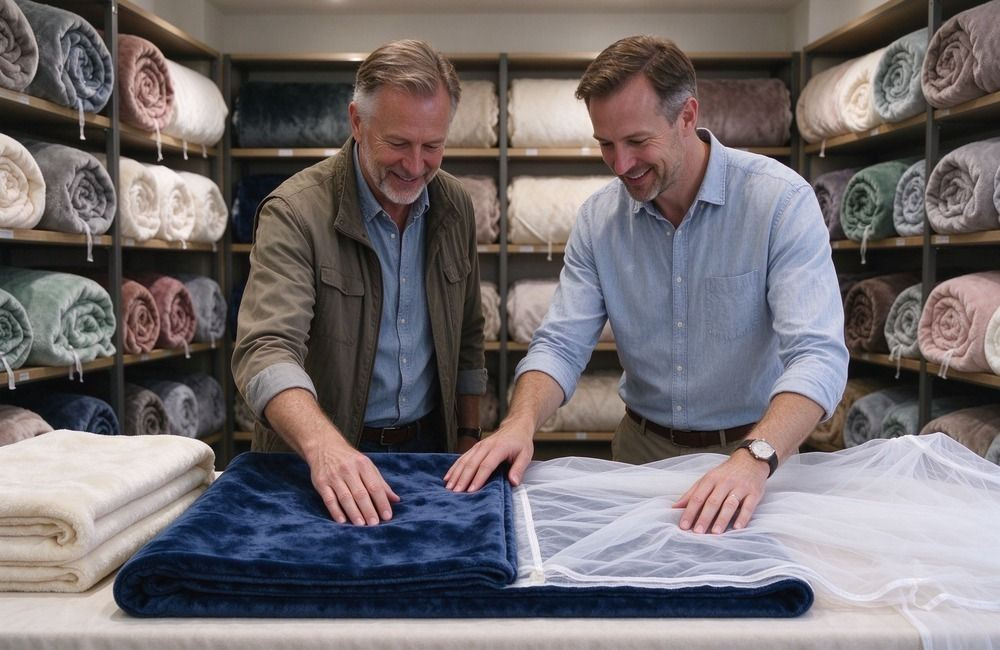 Bright sample room with flannel and fleece blanket fabric rolls and colour samples on shelves, showing UN approved relief blankets fabric selection before production