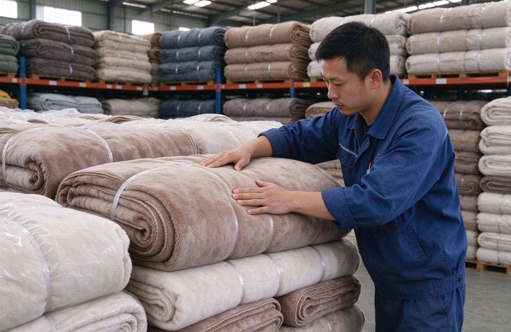 Bright prepositioned relief stock warehouse with rows of blanket bales and supply cartons organized on pallets, showing refugee blankets wholesale prepositioning for humanitarian relief blankets delivery