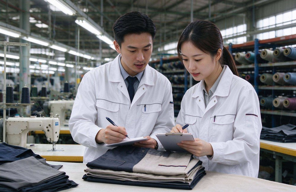 Asian quality inspectors measuring blanket size and weight in a bright production workshop, showing UNHCR standard blankets inspection before humanitarian relief blankets shipment
