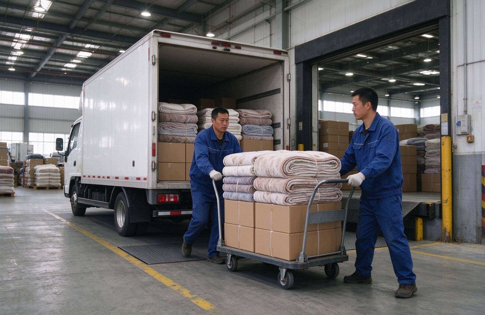 Bright relief supply truck loaded with humanitarian relief blankets cartons departing a warehouse for African field distribution, showing UN approved relief blankets delivery logistics