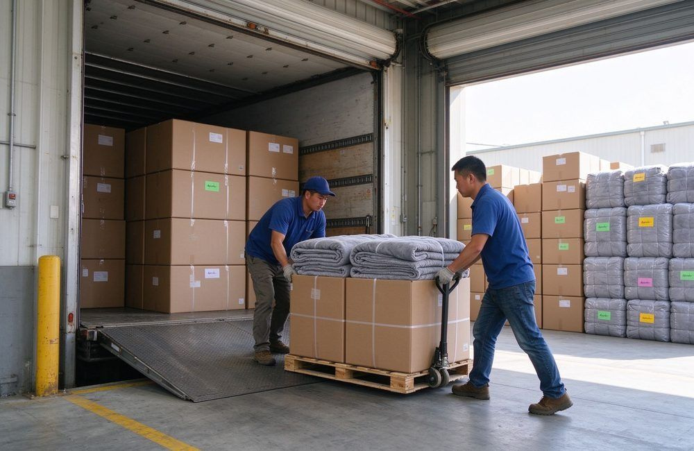 Asian warehouse workers in a bright loading dock moving pallets of grey blanket cartons into a truck, showing refugee blankets wholesale dispatch preparation for humanitarian relief blankets delivery
