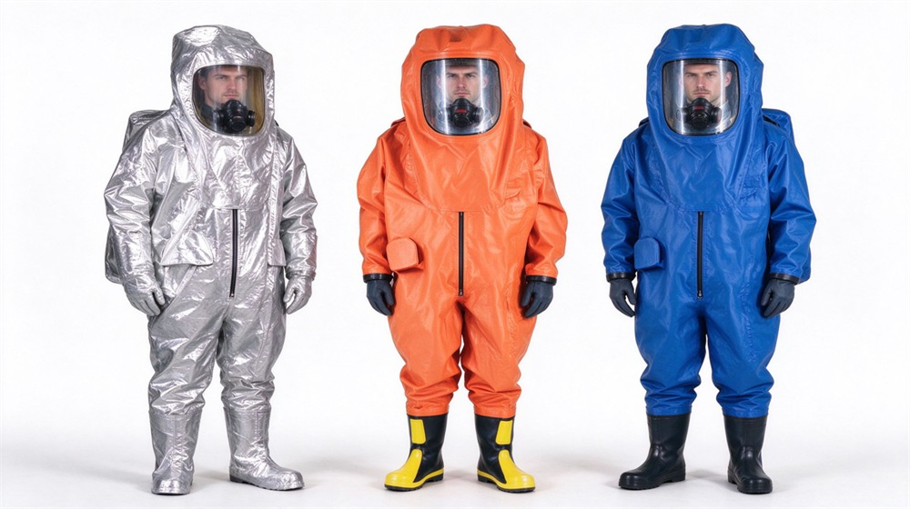 Front view of heavy duty protective flame resistant cbrn suit, Three color variants of fire resistant chemical suit worn by response workers,, demonstrating professional product use in industrial safety environment, designed for wholesale bulk supply and industrial safety procurement.