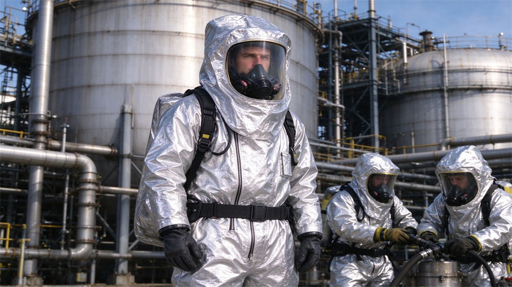 Side angle of heavy duty protective flame resistant cbrn suit, Responder in fire resistant chemical suit near industrial storage tanks, aluminized dual, demonstrating professional application use in industrial safety environment, designed for wholesale bulk supply and industrial safety procurement.