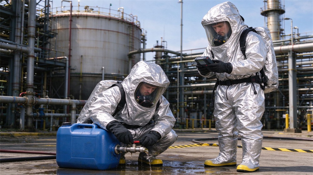 Aerial perspective of heavy duty protective flame resistant cbrn suit, Team member in fire resistant chemical suit assessing a chemical leak, heat, demonstrating professional application use in industrial safety environment, designed for wholesale bulk supply and industrial safety procurement.