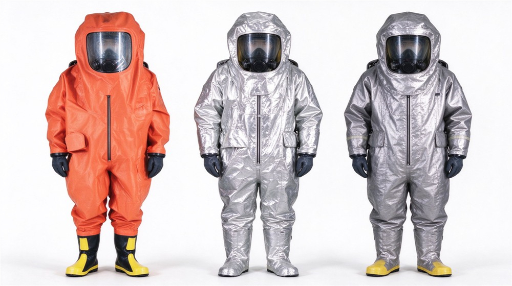 Close up detail of heavy duty protective flame resistant cbrn suit, Comparison of fire suit chemical suit and dual protection suit protection levels,, demonstrating professional comparison use in industrial safety environment, designed for wholesale bulk supply and industrial safety procurement.
