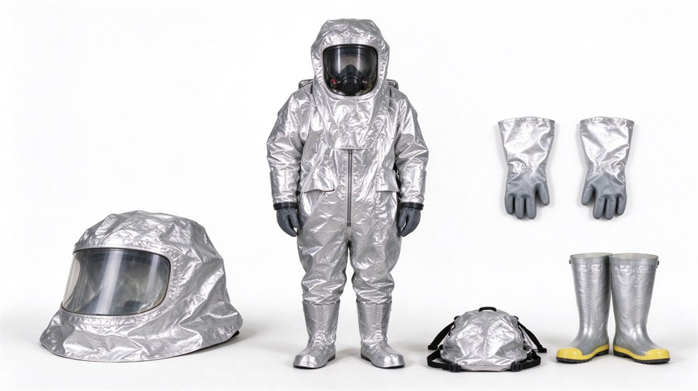 45 degree angle of heavy duty protective flame resistant cbrn suit, Complete fire resistant chemical suit system with hood gloves and boot covers, demonstrating professional product use in industrial safety environment, designed for wholesale bulk supply and industrial safety procurement.