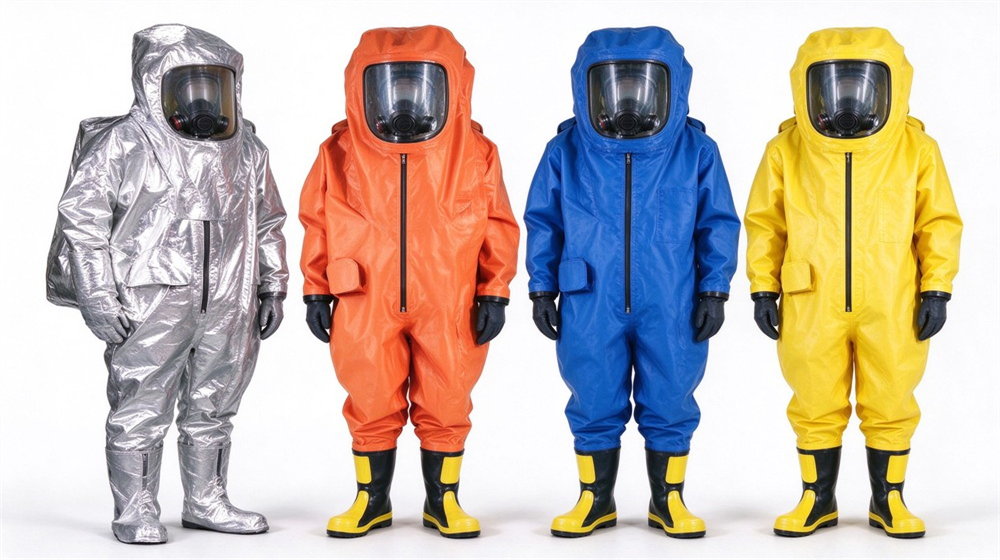 Overhead view of heavy duty protective flame resistant cbrn suit, Family range of fire resistant chemical suits in silver orange blue and, demonstrating professional product use in industrial safety environment, designed for wholesale bulk supply and industrial safety procurement.
