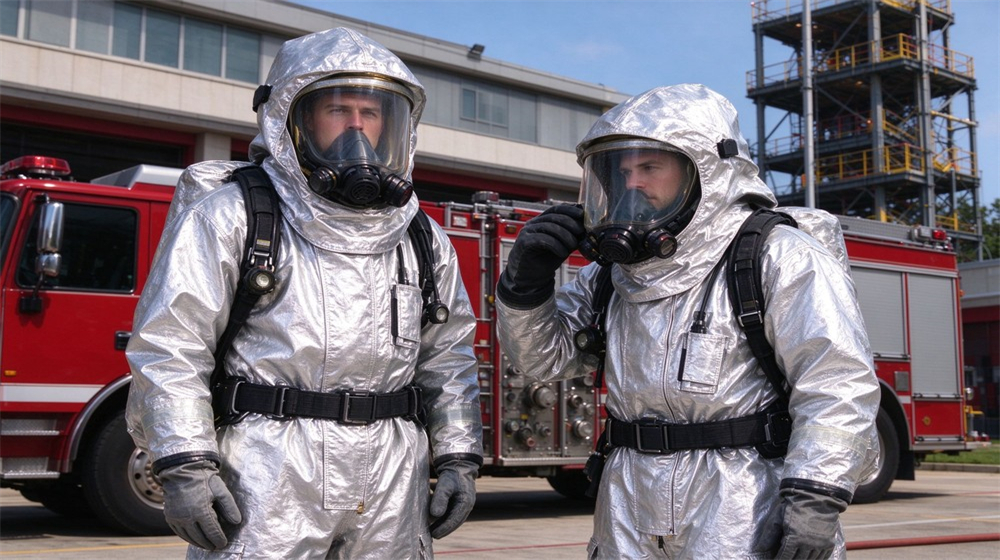 Wide shot of heavy duty protective flame resistant cbrn suit, Fire resistant chemical suit with aluminized outer layer at a fire brigade, demonstrating professional application use in industrial safety environment, designed for wholesale bulk supply and industrial safety procurement.