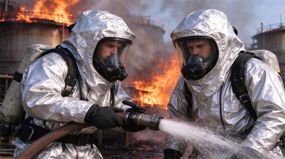 Macro detail of heavy duty protective flame resistant cbrn suit, Radiant heat approach with fire resistant chemical suit near burning tank, aluminized, demonstrating professional application use in industrial safety environment, designed for wholesale bulk supply and industrial safety procurement.
