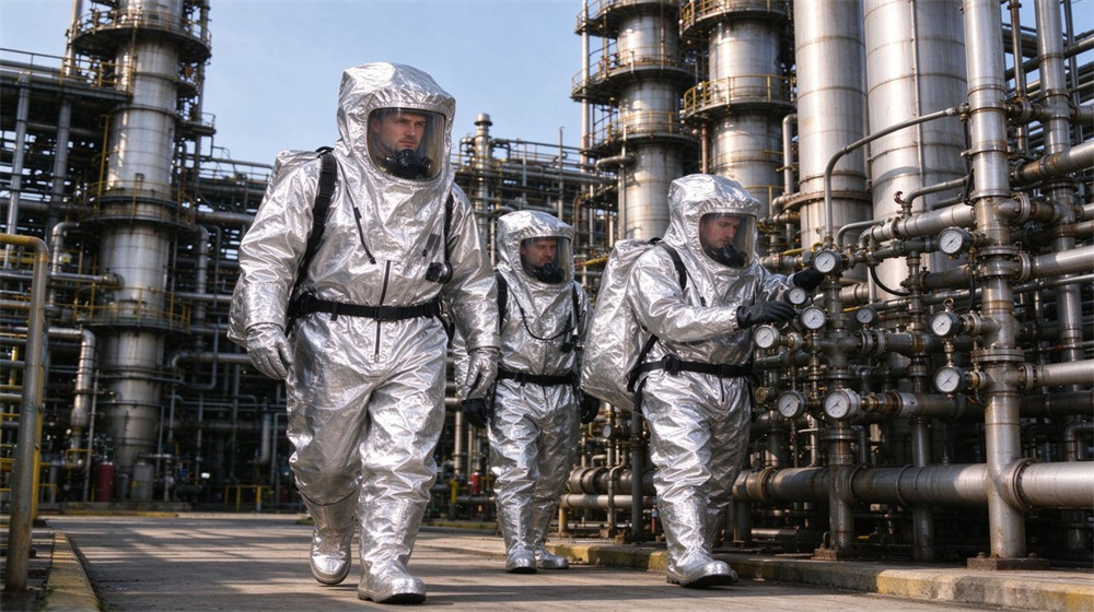 Front view of heavy duty protective flame resistant cbrn suit, Responder in fire resistant chemical suit near industrial tanks, dual protection layers, demonstrating professional application use in industrial safety environment, designed for wholesale bulk supply and industrial safety procurement.
