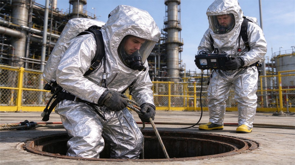 Aerial perspective of heavy duty protective flame resistant cbrn suit, Complete fire resistant chemical suit system with hood gloves and boot covers,, demonstrating professional application use in industrial safety environment, designed for wholesale bulk supply and industrial safety procurement.