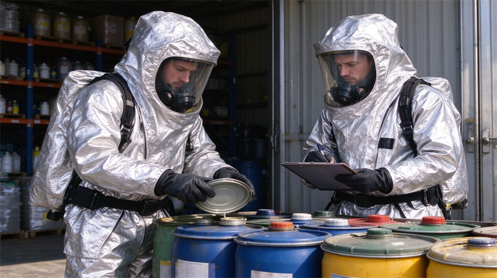 Side angle of heavy duty protective flame resistant cbrn suit, Team member in fire resistant chemical suit assessing chemical leak, heat and, demonstrating professional application use in industrial safety environment, designed for wholesale bulk supply and industrial safety procurement.