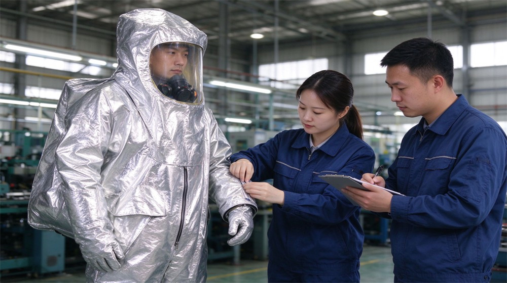 Close up detail of heavy duty protective flame resistant cbrn suit, Team fit check of fire resistant chemical suit in workshop, Asian workers, demonstrating professional application use in industrial safety environment, designed for wholesale bulk supply and industrial safety procurement.