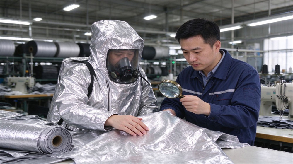 45 degree angle of heavy duty protective flame resistant cbrn suit, Inspector checking aluminized fire resistant fabric of dual chemical suit, layered heat, demonstrating professional info use in industrial safety environment, designed for wholesale bulk supply and industrial safety procurement.