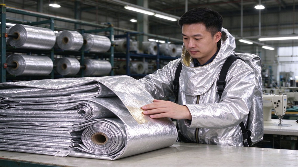 Overhead view of heavy duty protective flame resistant cbrn suit, Aluminized fabric roll inspection by factory engineer, fire resistant chemical suit material, demonstrating professional info use in industrial safety environment, designed for wholesale bulk supply and industrial safety procurement.