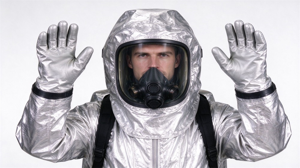 Macro detail of heavy duty protective flame resistant cbrn suit, Wearer detail of fire resistant chemical suit showing glove cuff seal and, demonstrating professional info use in industrial safety environment, designed for wholesale bulk supply and industrial safety procurement.