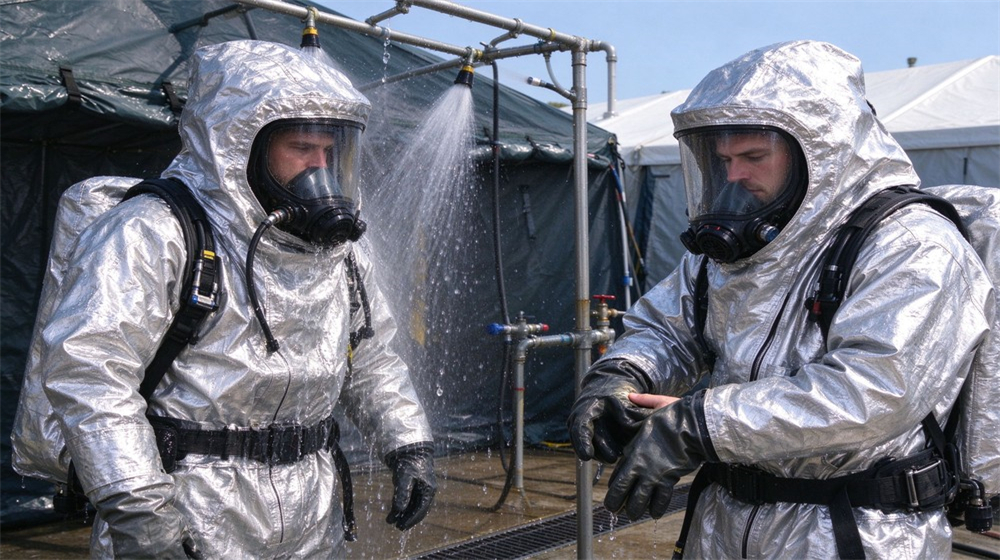 Front view of heavy duty protective flame resistant cbrn suit, Decontamination station for fire resistant chemical suit, staged removal after dual protection, demonstrating professional application use in industrial safety environment, designed for wholesale bulk supply and industrial safety procurement.