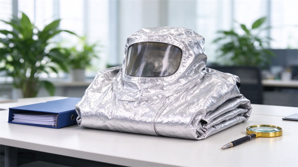 Side angle of heavy duty protective flame resistant cbrn suit, Test reports for fire resistant chemical suit batch, heat and chemical barrier, demonstrating professional info use in industrial safety environment, designed for wholesale bulk supply and industrial safety procurement.
