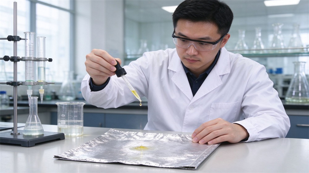Aerial perspective of heavy duty protective flame resistant cbrn suit, Acid alkali resistance test on aluminized fabric sample of fire resistant chemical, demonstrating professional application use in industrial safety environment, designed for wholesale bulk supply and industrial safety procurement.