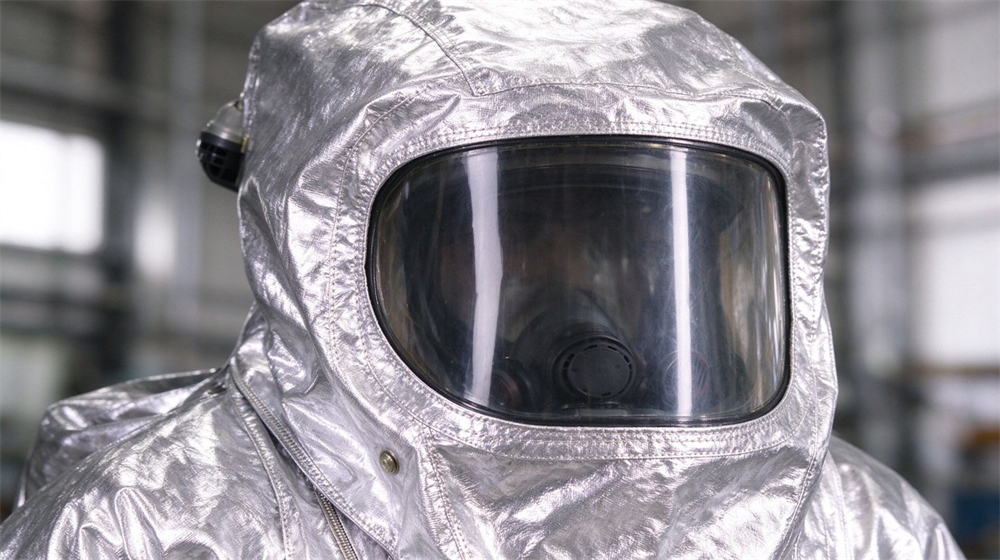 Close up detail of heavy duty protective flame resistant cbrn suit, Hood visor seal detail of fire resistant chemical suit, wide view face, demonstrating professional info use in industrial safety environment, designed for wholesale bulk supply and industrial safety procurement.