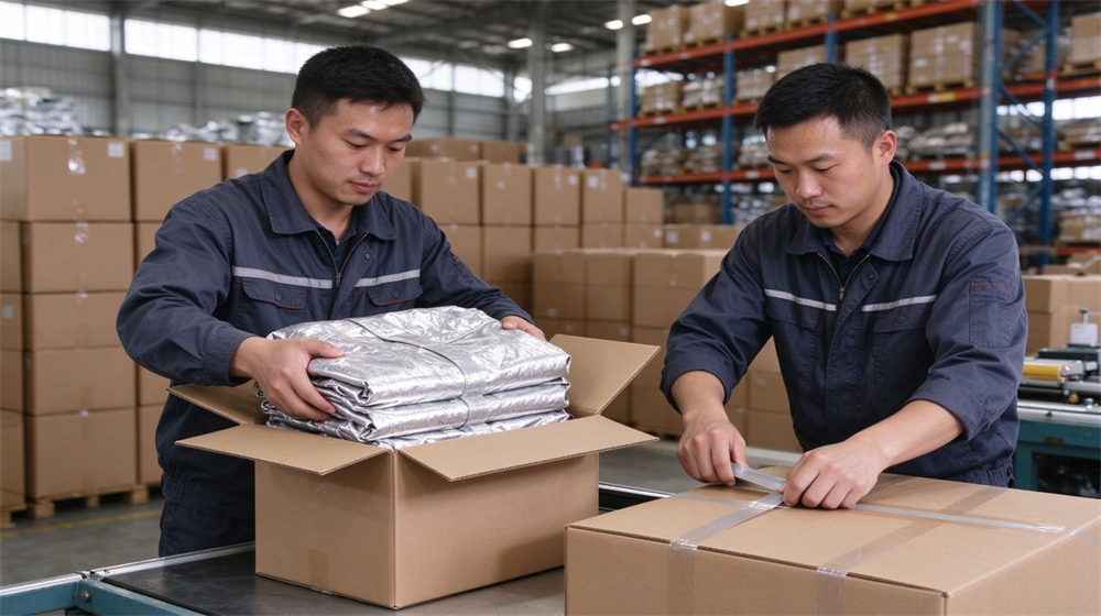 Wide shot of heavy duty protective flame resistant cbrn suit, Asian workers packing fire resistant chemical suits for export, bulk CBRN response, demonstrating professional info use in industrial safety environment, designed for wholesale bulk supply and industrial safety procurement.