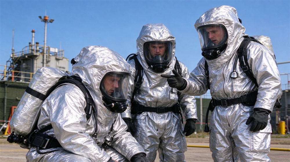 Macro detail of heavy duty protective flame resistant cbrn suit, Training drill with fire resistant chemical suits by response team, dual protection, demonstrating professional application use in industrial safety environment, designed for wholesale bulk supply and industrial safety procurement.