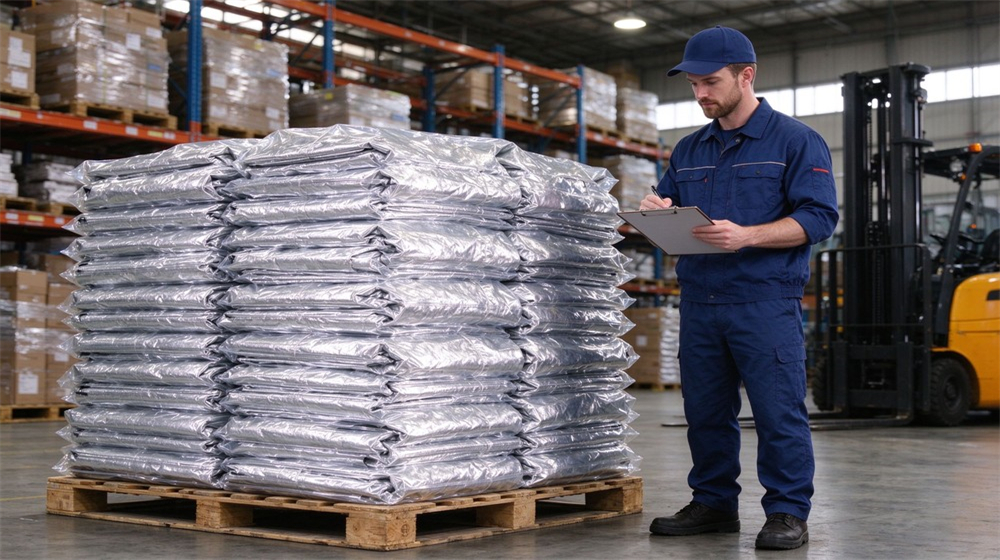 Side angle of heavy duty protective flame resistant cbrn suit, Wholesale delivery of fire resistant chemical suits on pallet, bulk CBRN response, demonstrating professional application use in industrial safety environment, designed for wholesale bulk supply and industrial safety procurement.