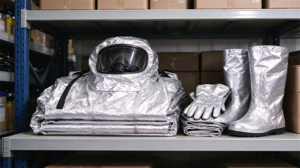 Aerial perspective of heavy duty protective flame resistant cbrn suit, Folded storage of fire resistant chemical suit with gloves and boot covers, demonstrating professional application use in industrial safety environment, designed for wholesale bulk supply and industrial safety procurement.