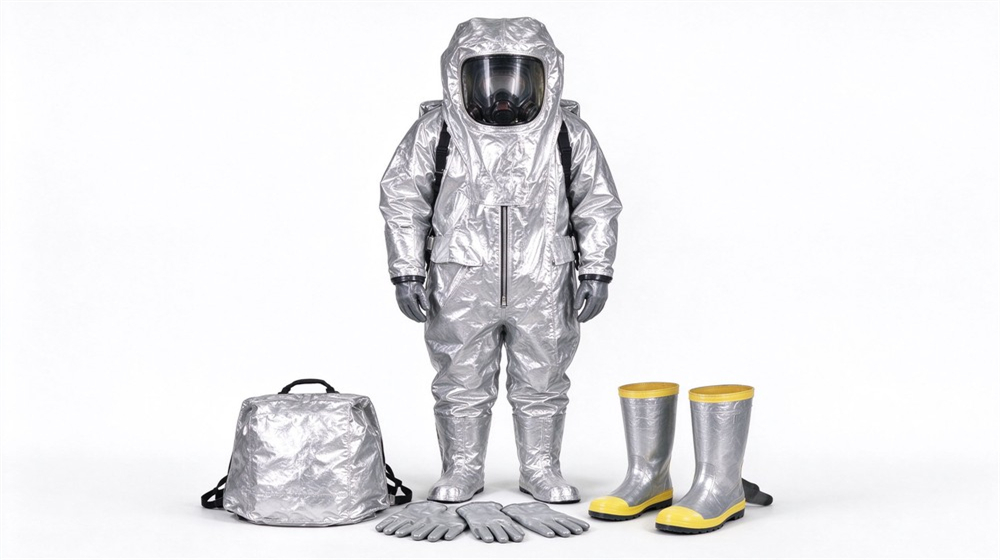 Close up detail of heavy duty protective flame resistant cbrn suit, Accessory set display of fire resistant chemical suit with gloves boots and, demonstrating professional product use in industrial safety environment, designed for wholesale bulk supply and industrial safety procurement.