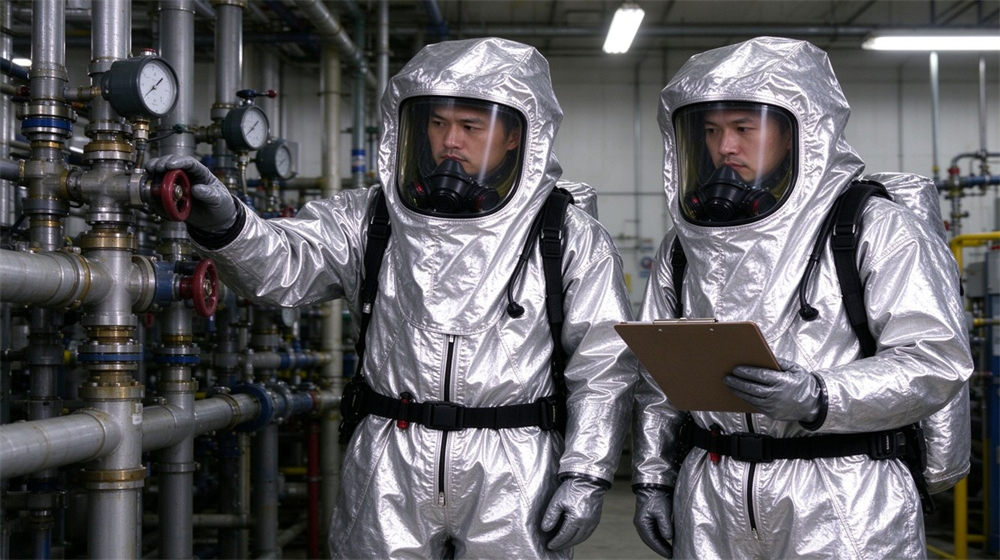 45 degree angle of heavy duty protective flame resistant cbrn suit, Two workers in fire resistant chemical suits with aluminized outer layer patrolling, demonstrating professional application use in industrial safety environment, designed for wholesale bulk supply and industrial safety procurement.