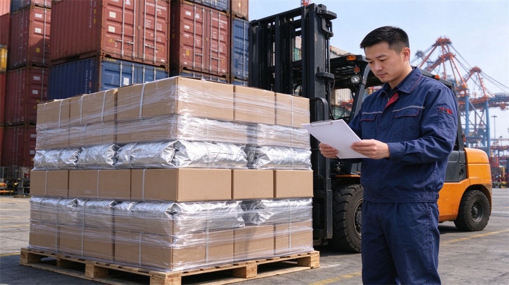 Overhead view of heavy duty protective flame resistant cbrn suit, Export containers loaded with fire resistant chemical suits on pallets, bulk chemical, demonstrating professional application use in industrial safety environment, designed for wholesale bulk supply and industrial safety procurement.