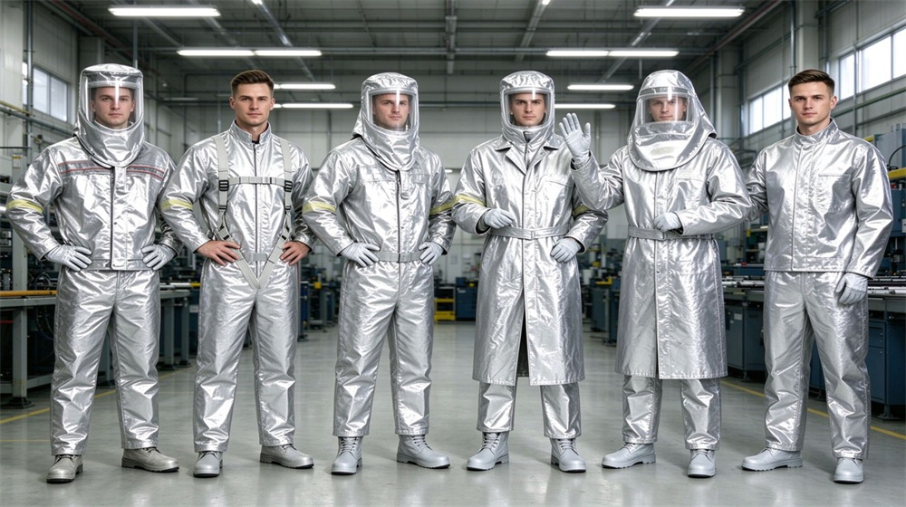 Front view of heavy duty protective aluminized high temperature coverall, aluminized heat resistant coverall collection lineup, silver aluminum foil suits in multiple, demonstrating professional product use in industrial safety environment, designed for wholesale bulk supply and industrial safety procurement.