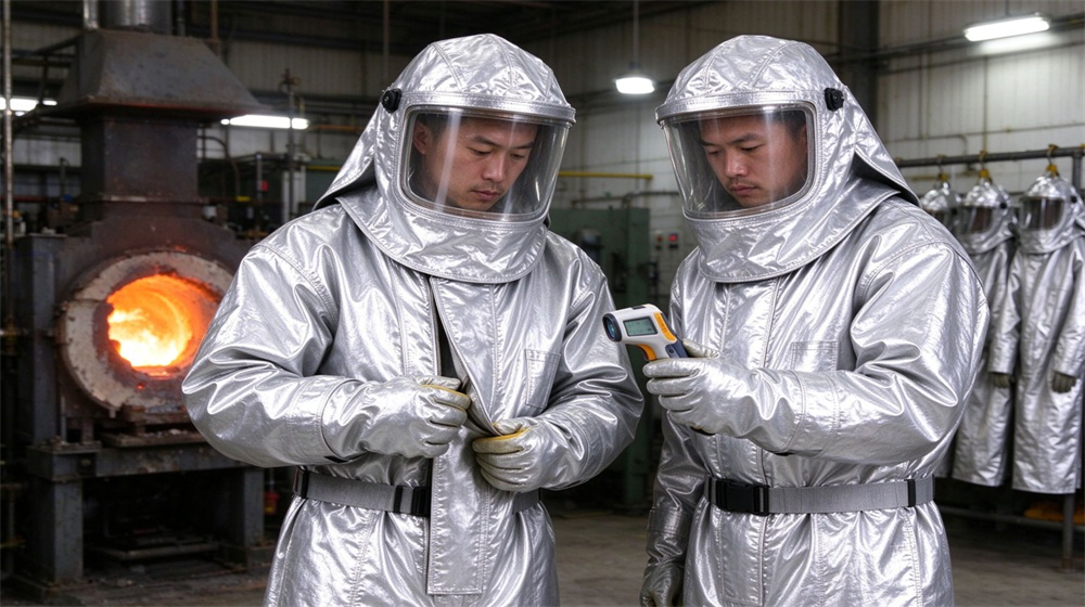 Side angle of heavy duty protective aluminized high temperature coverall, Two Asian workers in silver aluminized heat resistant coveralls measuring temperature near, demonstrating professional application use in industrial safety environment, designed for wholesale bulk supply and industrial safety procurement.
