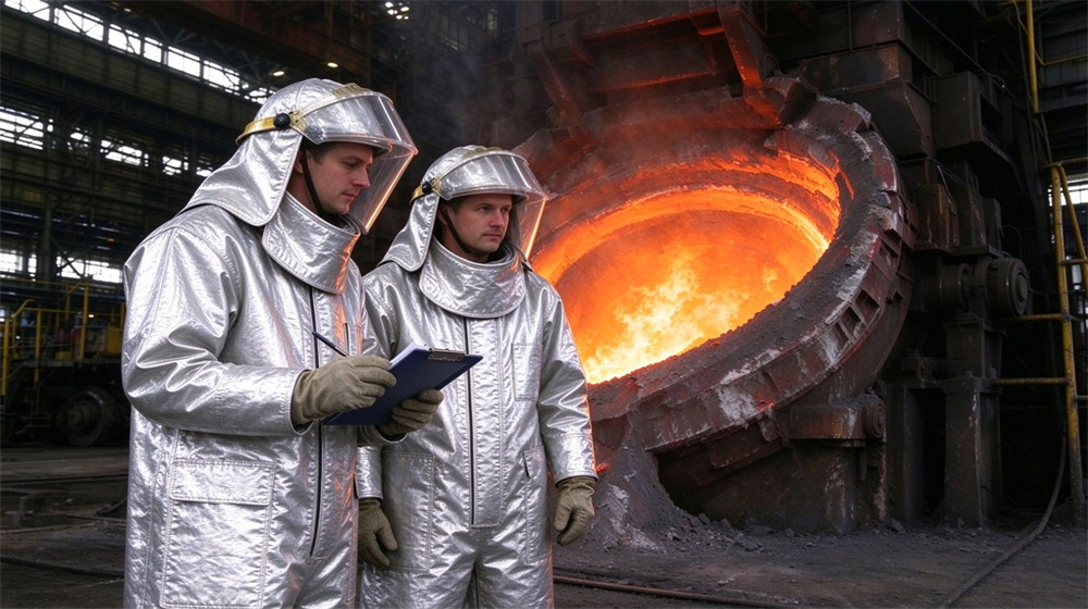 Aerial perspective of heavy duty protective aluminized high temperature coverall, Two workers in aluminized heat resistant coveralls inspecting a steel furnace, radiant, demonstrating professional application use in industrial safety environment, designed for wholesale bulk supply and industrial safety procurement.