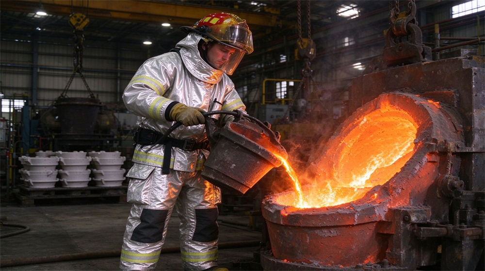 45 degree angle of heavy duty protective aluminized high temperature coverall, Worker in aluminized heat resistant coverall pouring molten metal in a foundry,, demonstrating professional application use in industrial safety environment, designed for wholesale bulk supply and industrial safety procurement.