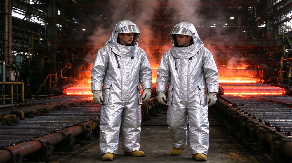 Overhead view of heavy duty protective aluminized high temperature coverall, Workers in aluminized heat resistant coveralls inspecting a steel hot rolling line,, demonstrating professional application use in industrial safety environment, designed for wholesale bulk supply and industrial safety procurement.