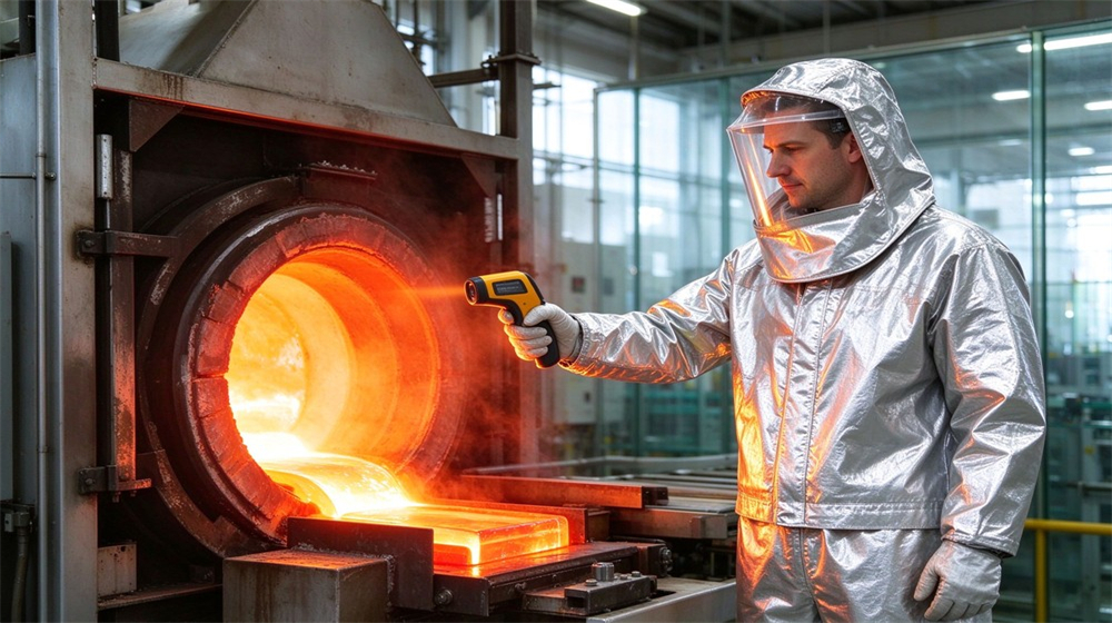 Wide shot of heavy duty protective aluminized high temperature coverall, Two workers in silver aluminized heat resistant coveralls working near an aluminum, demonstrating professional application use in industrial safety environment, designed for wholesale bulk supply and industrial safety procurement.