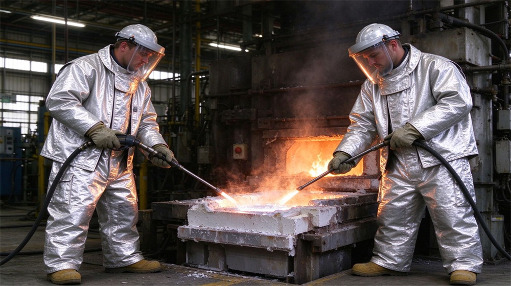 Wide shot of heavy duty protective aluminized high temperature coverall, Two workers in silver aluminized heat resistant coveralls working near an aluminum, demonstrating professional application use in industrial safety environment, designed for wholesale bulk supply and industrial safety procurement.