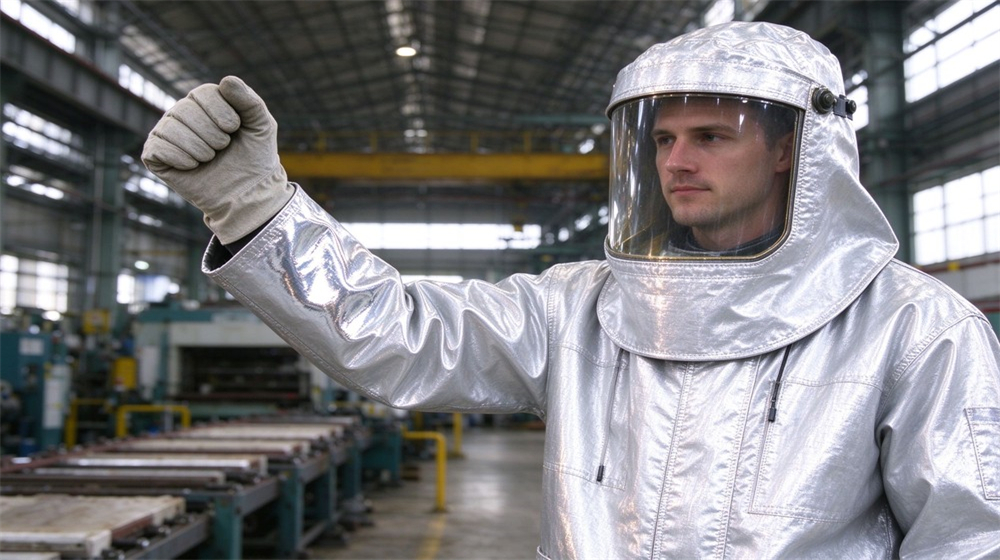 Macro detail of heavy duty protective aluminized high temperature coverall, Engineer in aluminized heat resistant coverall taking infrared temperature check at a, demonstrating professional application use in industrial safety environment, designed for wholesale bulk supply and industrial safety procurement.